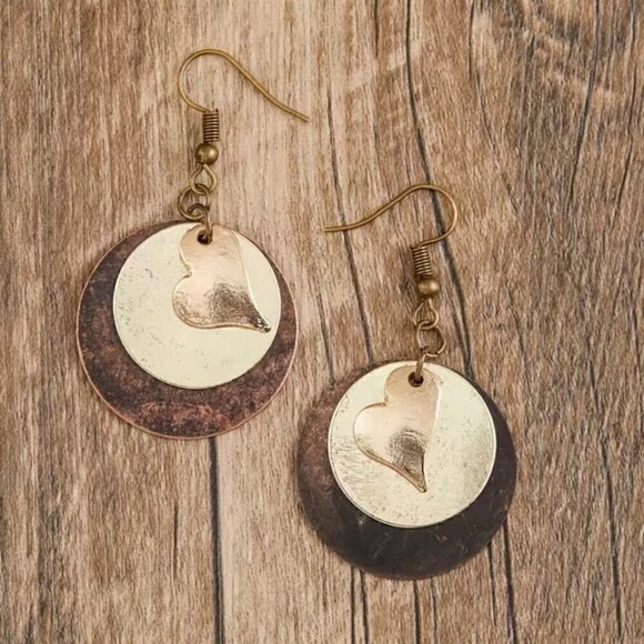 Boho Layered Heart Earrings - Multicolor Metal with Coppertone French Hook #1410 - Picture 1 of 5